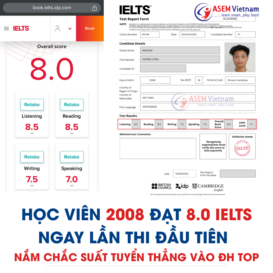 Học viên ASEM VIETNAM Nguyễn Hoàng Long đạt 8.0 IELTS